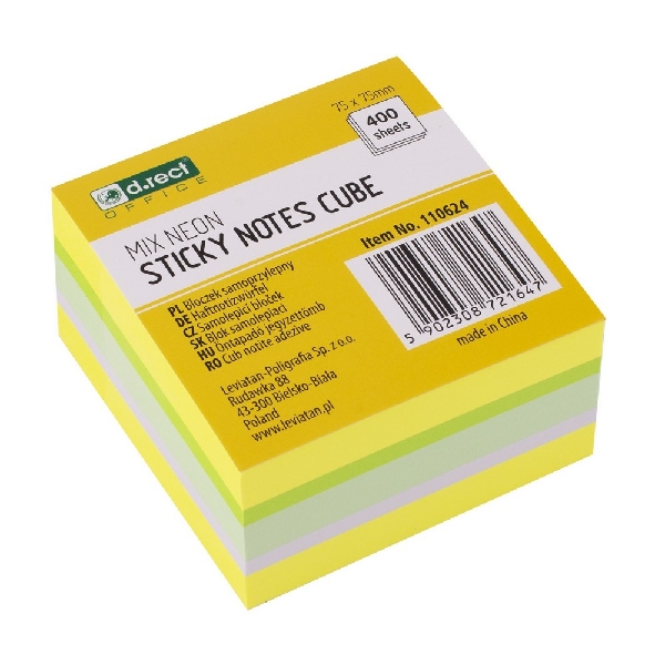 Obrazek BLOCZEK D.RECT SAMOPRZYLEPNY 75x75mm MIX NEON 400 CYTRUS