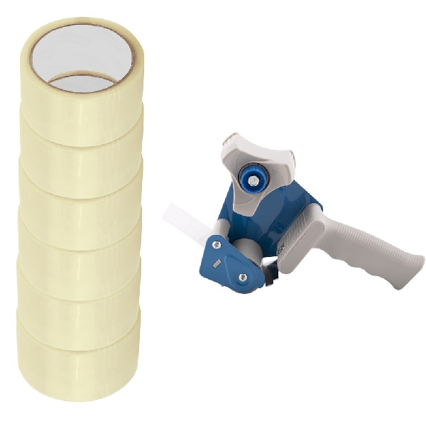 Picture of PACKAGING TAPE D.RECT DISPENSER + PACKING TAPE CRISTAL CLEAR HOT MELT 6 PCS SET